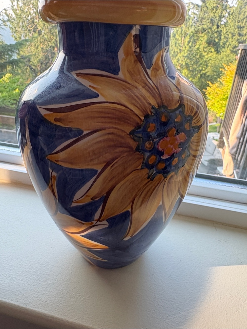 Hand-Painted Sunflower Ceramic Vase in Deep Blue and Yellow - Picture 4 of 4